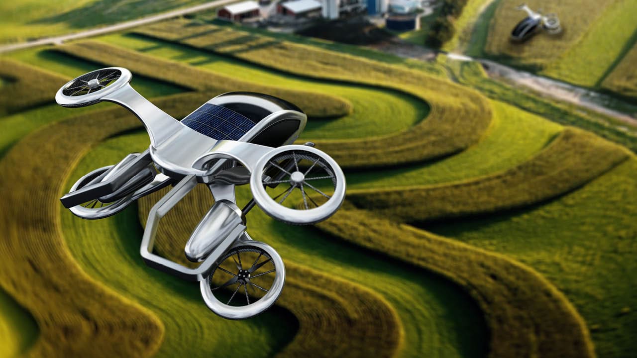 Conceptual eVTOL (electric vertical take-off and landing) aircraft flying over rural areas.