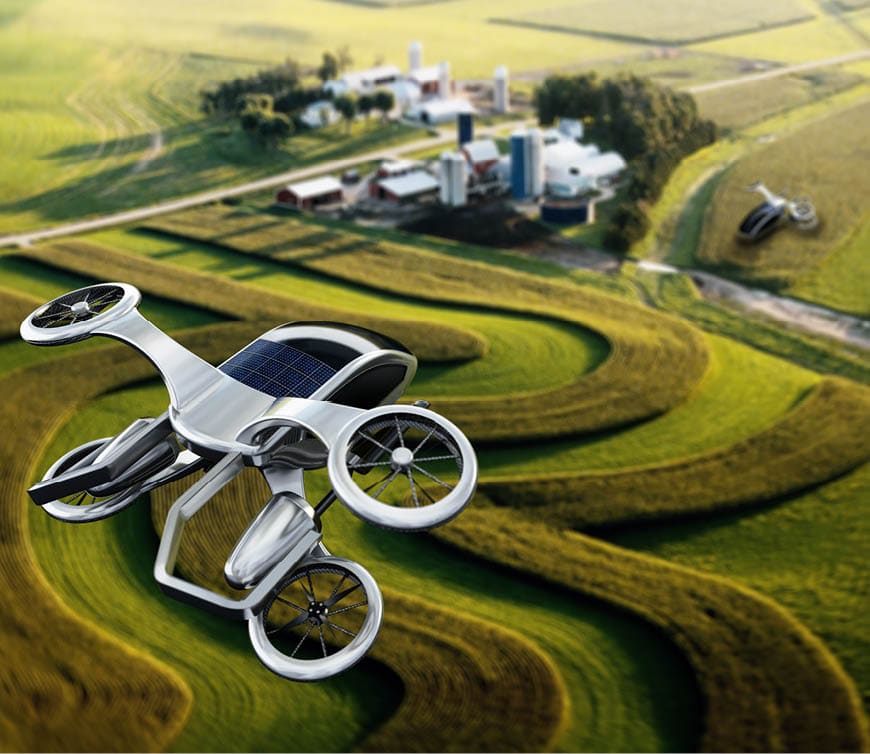 Conceptual eVTOL (electric vertical take-off and landing) aircraft flying over rural areas.